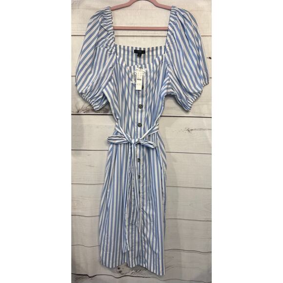 J. Crew NWT Dress Blue White Stripes Buttons Tie Waist Size Large Classy Preppy - Picture 1 of 5